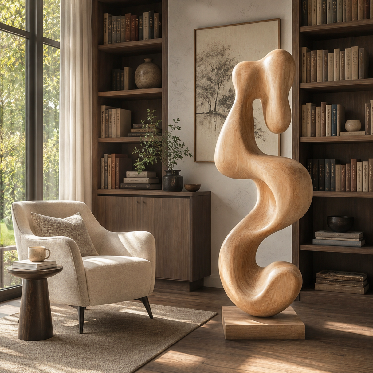 Handcrafted Solid Wood Serpentine Abstract Floor Sculpture