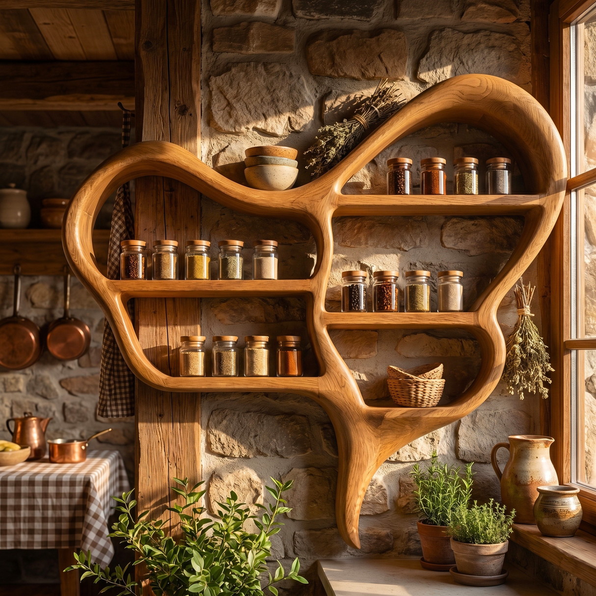 Organic Solid Wood Wall Spice Rack with Sculptural Open Shelf Design