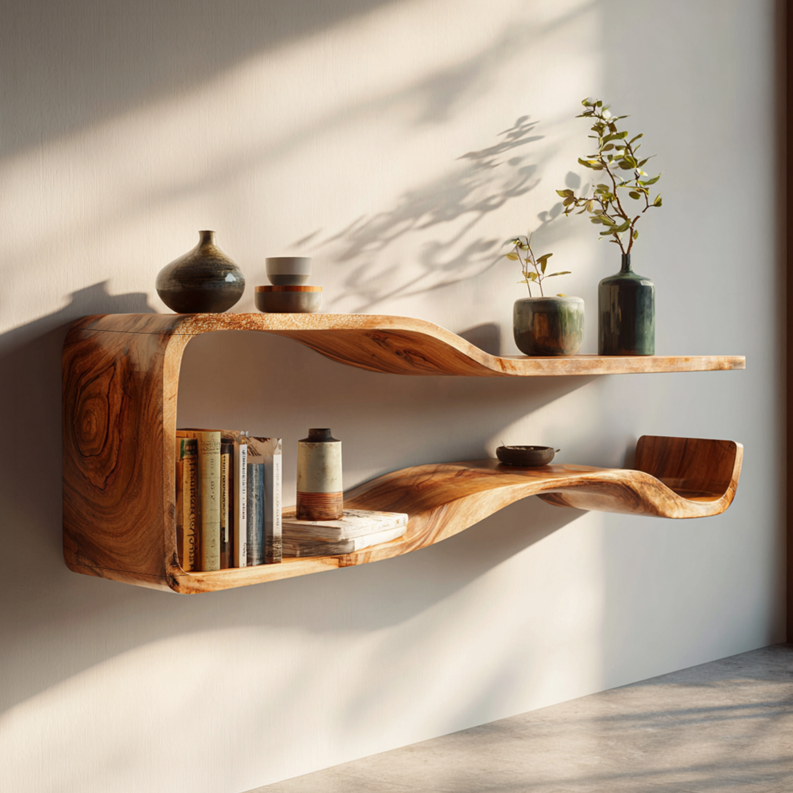 Organic Modern Solid Wood Floating Shelf with Wave Form