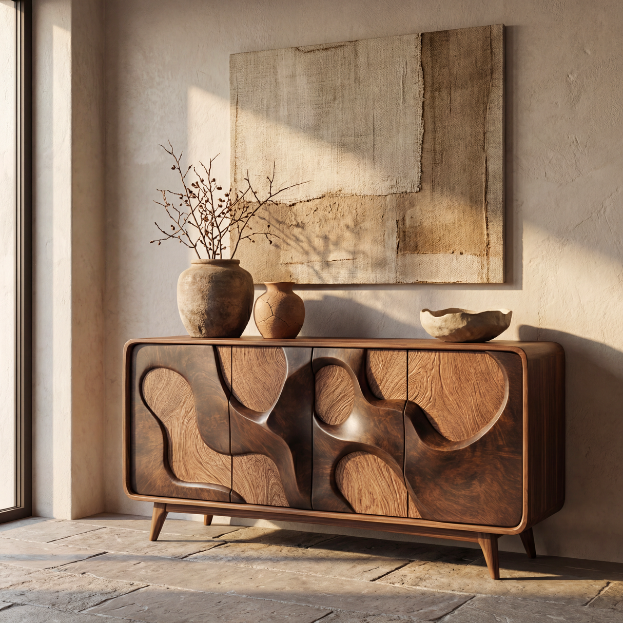 Organic Relief Front Sideboard in Carved Solid Wood for Living and Dining