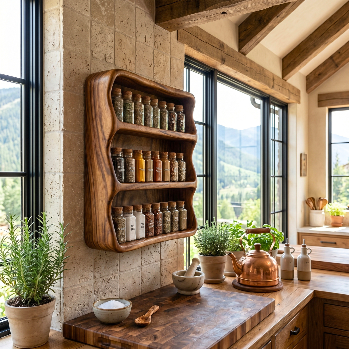 Handmade Solid Wood Kitchen Spice Rack with Rounded Box Frame and Triple Shelf Storage
