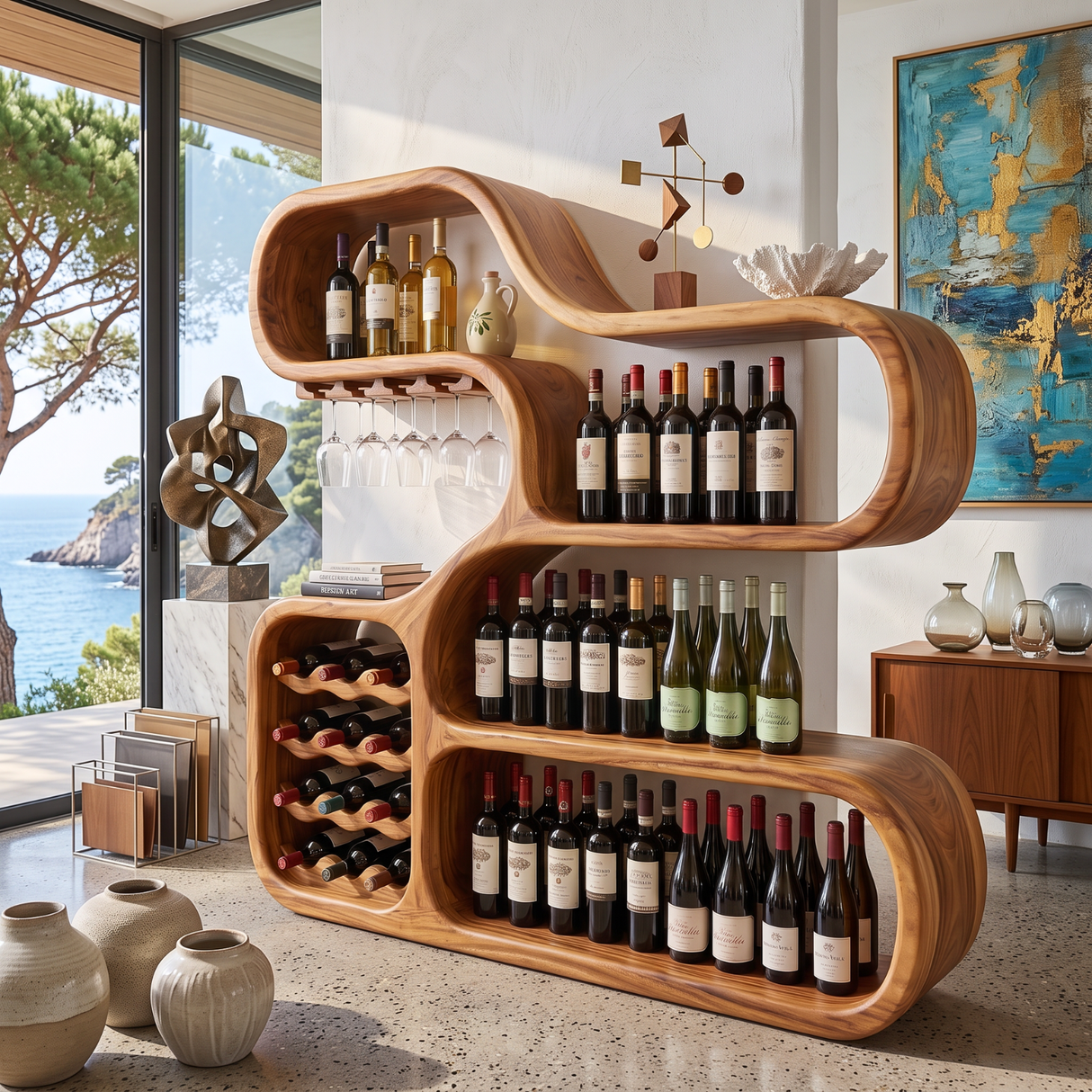 Wine Storage Cabinet Solid Wood with Curved Display Shelves for Home Bar
