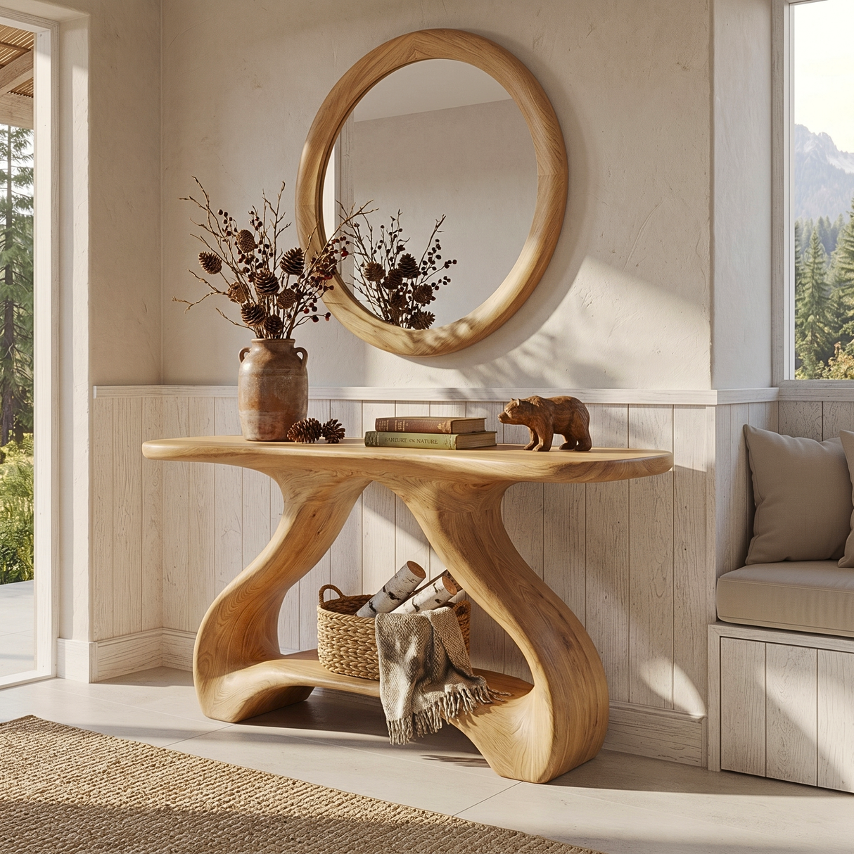 Organic Solid Wood Console Table with Sculptural Shelf Base