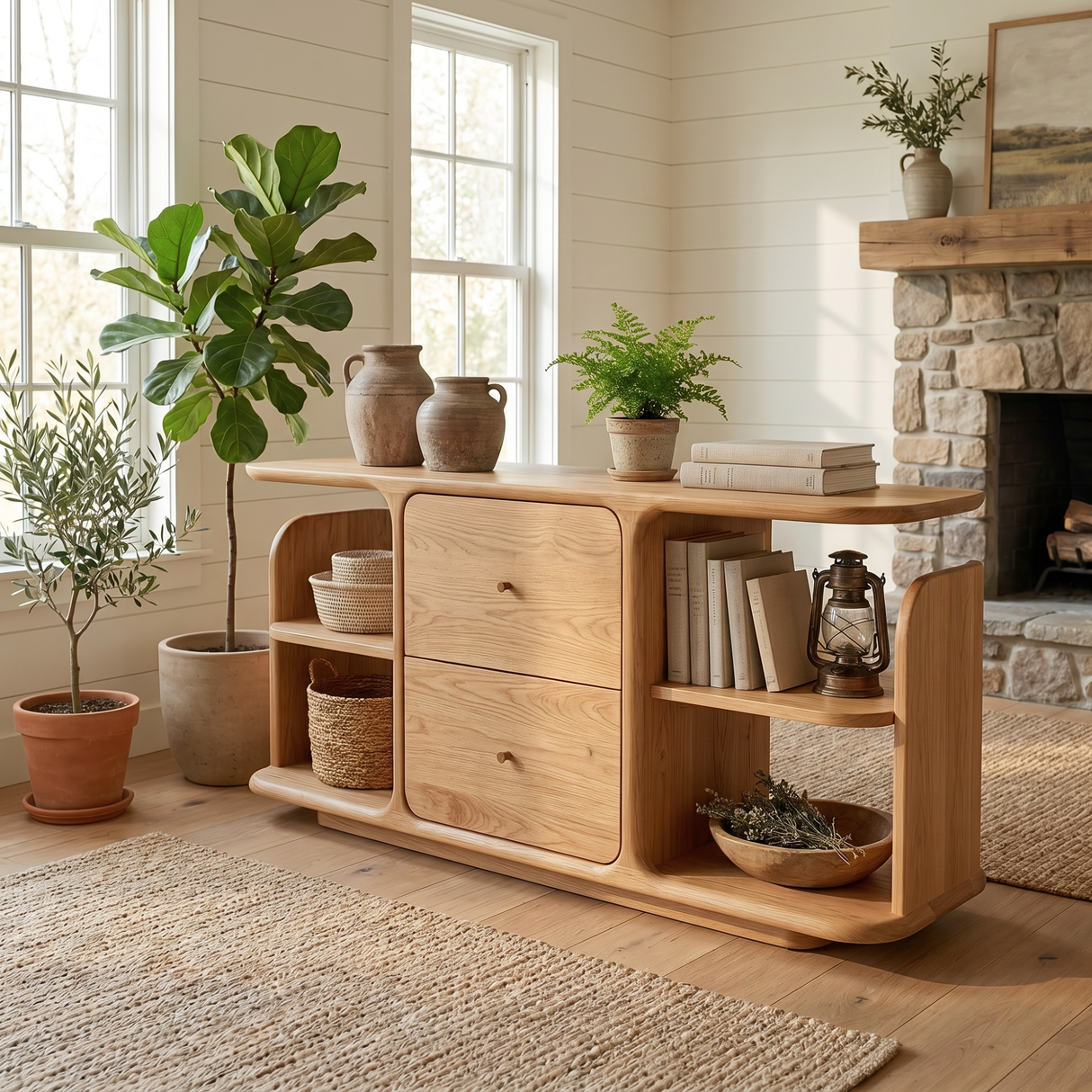 Natural Solid Wood Sideboard with Two Drawers and Open Display Shelves