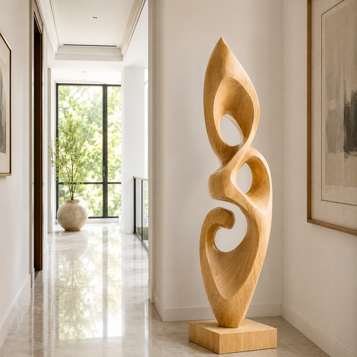 Handcrafted Solid Wood Abstract Floor Sculpture with Layered Open Form