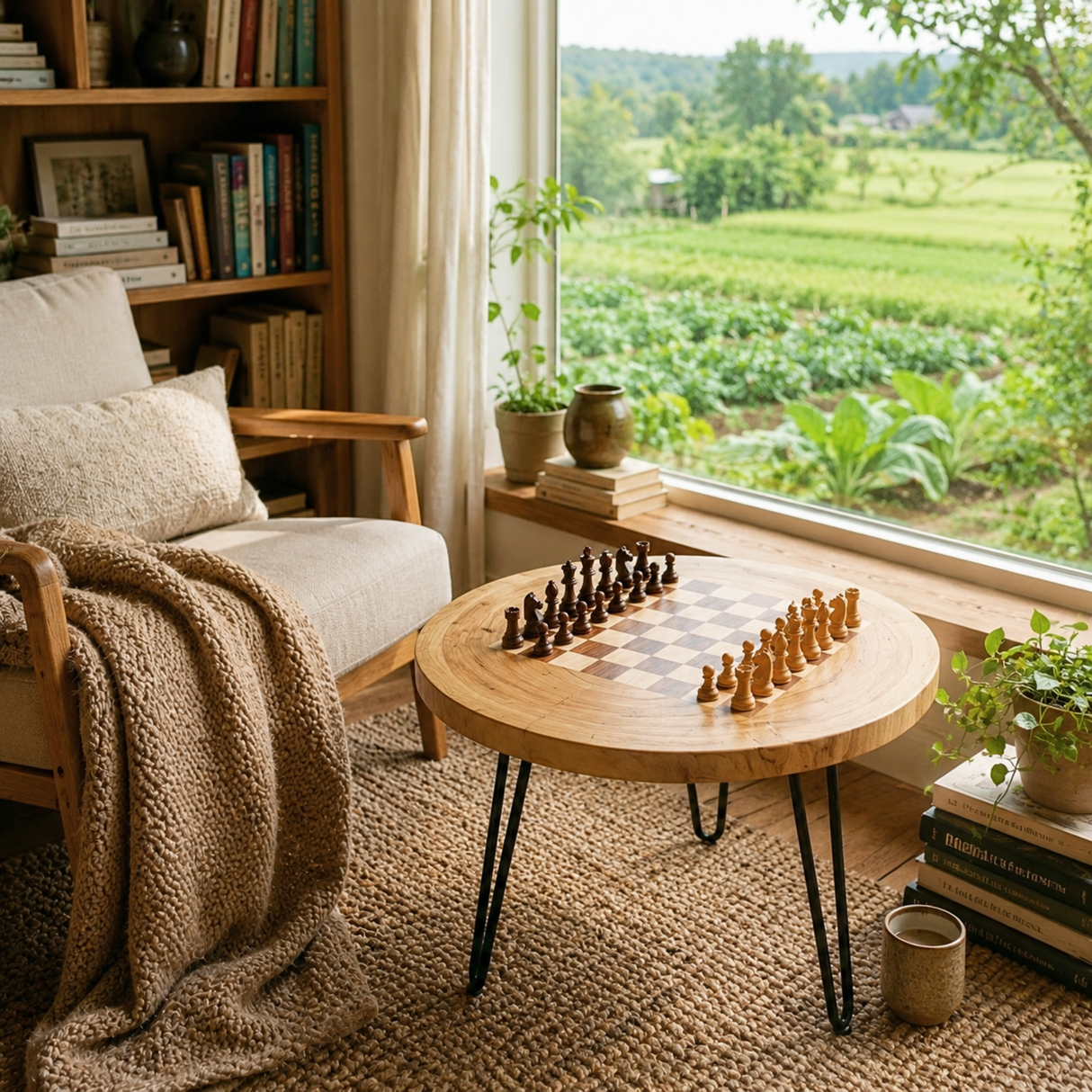 Handcrafted Solid Wood Chess Coffee Table with Organic Round Top and Hairpin Legs