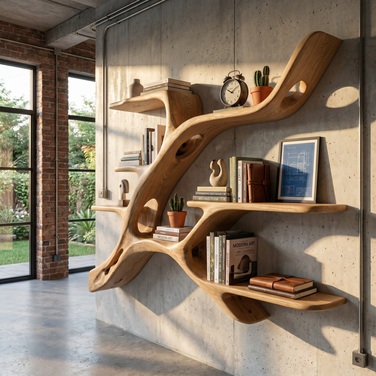 Organic Solid Wood Wall Shelf with Branch Inspired Display Design