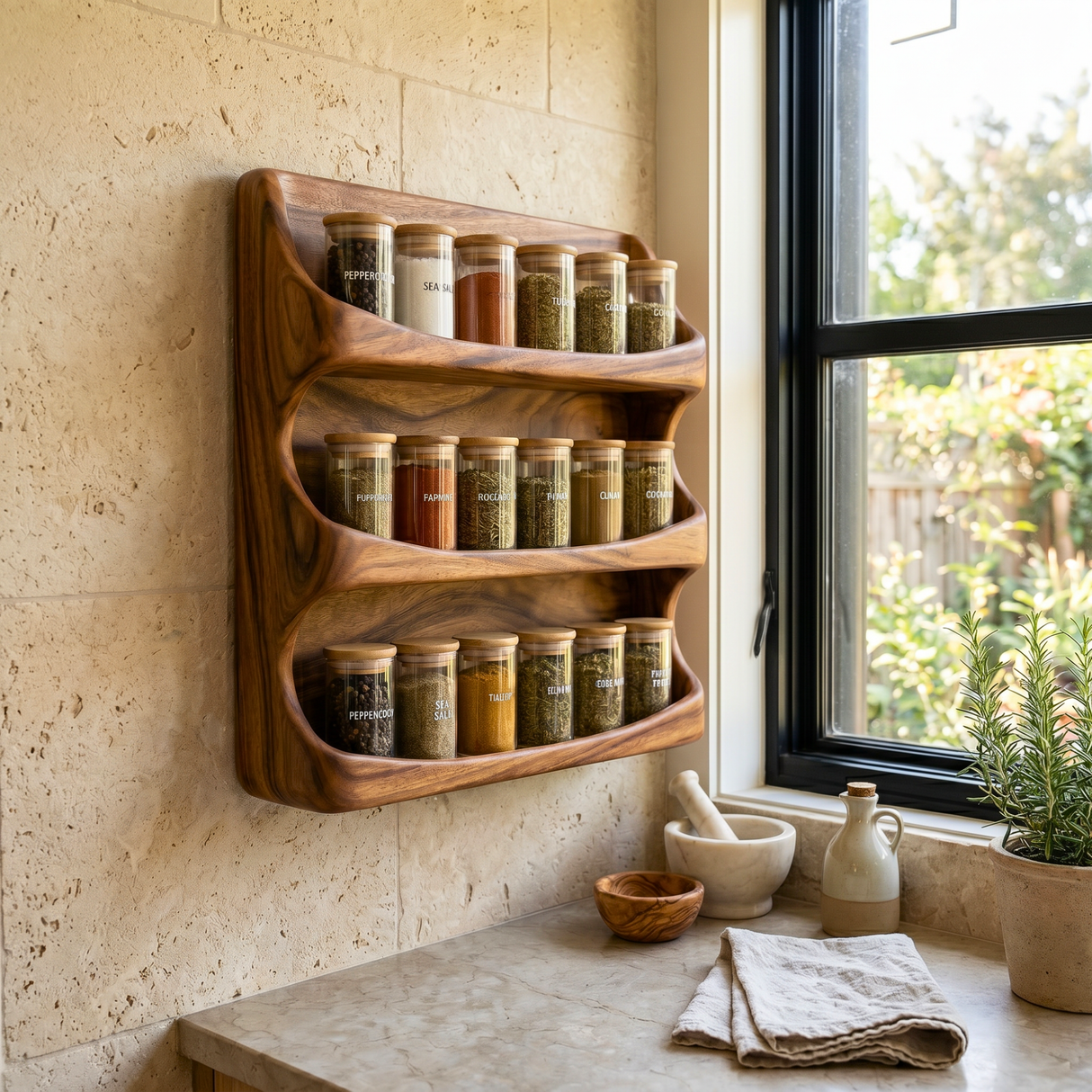 Handcrafted Wooden Wall Spice Rack with Flowing Wave Shelves for Kitchen Storage