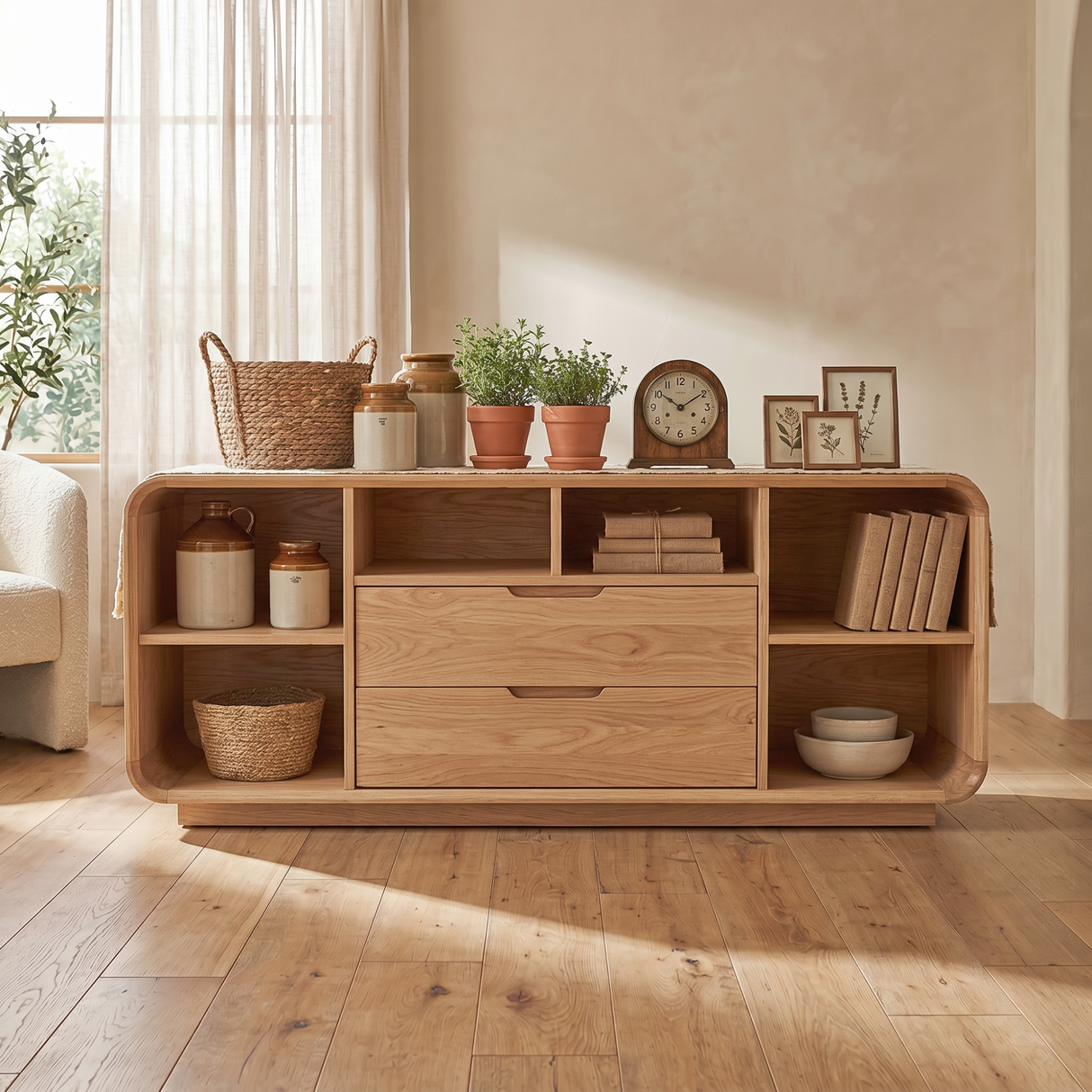 Solid Wood Rounded Corner Sideboard with Drawers and Open Shelves