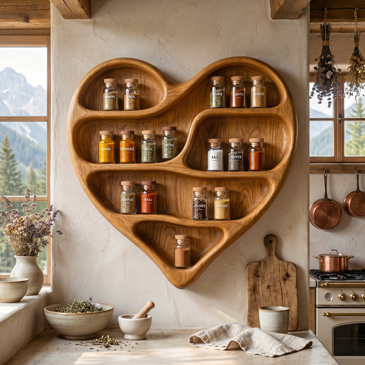 Solid Wood Heart Spice Rack with Organic Multi-Level Open Shelves