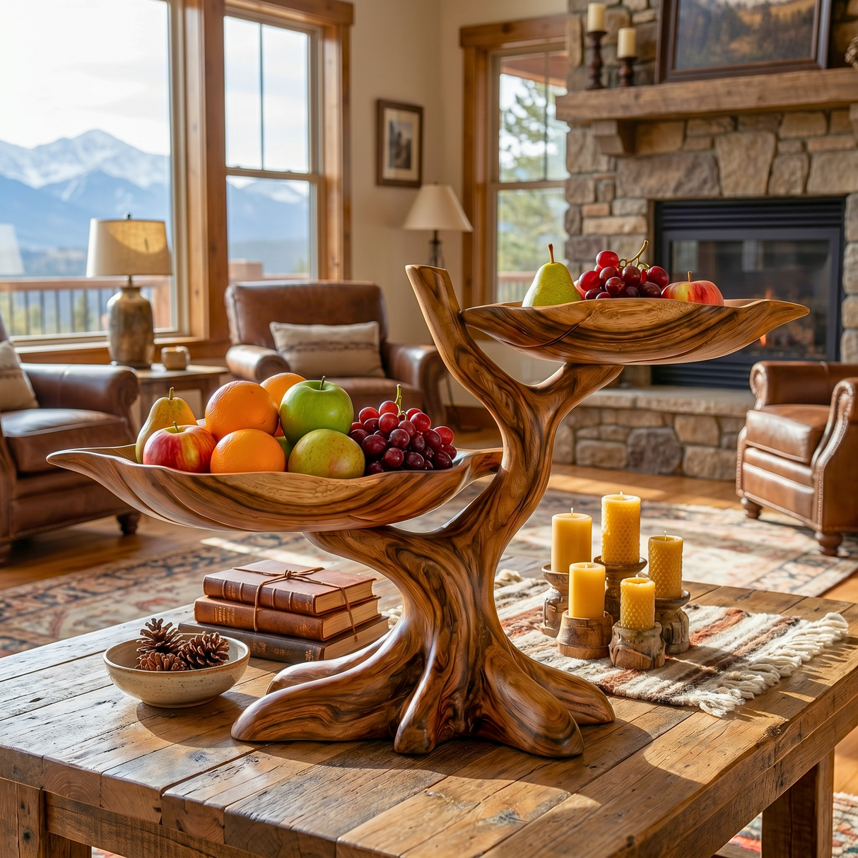Solid Wood Branch Fruit Bowl Stand with Two Sculptural Display Trays