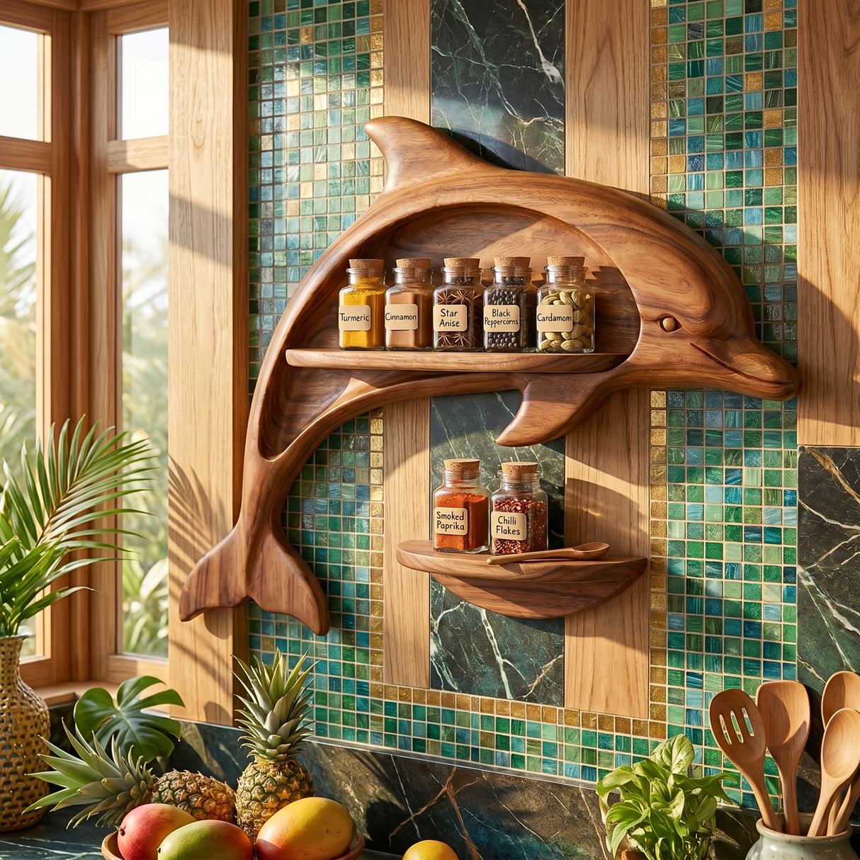 Carved Solid Wood Dolphin Wall Spice Shelf with Coastal Kitchen Storage