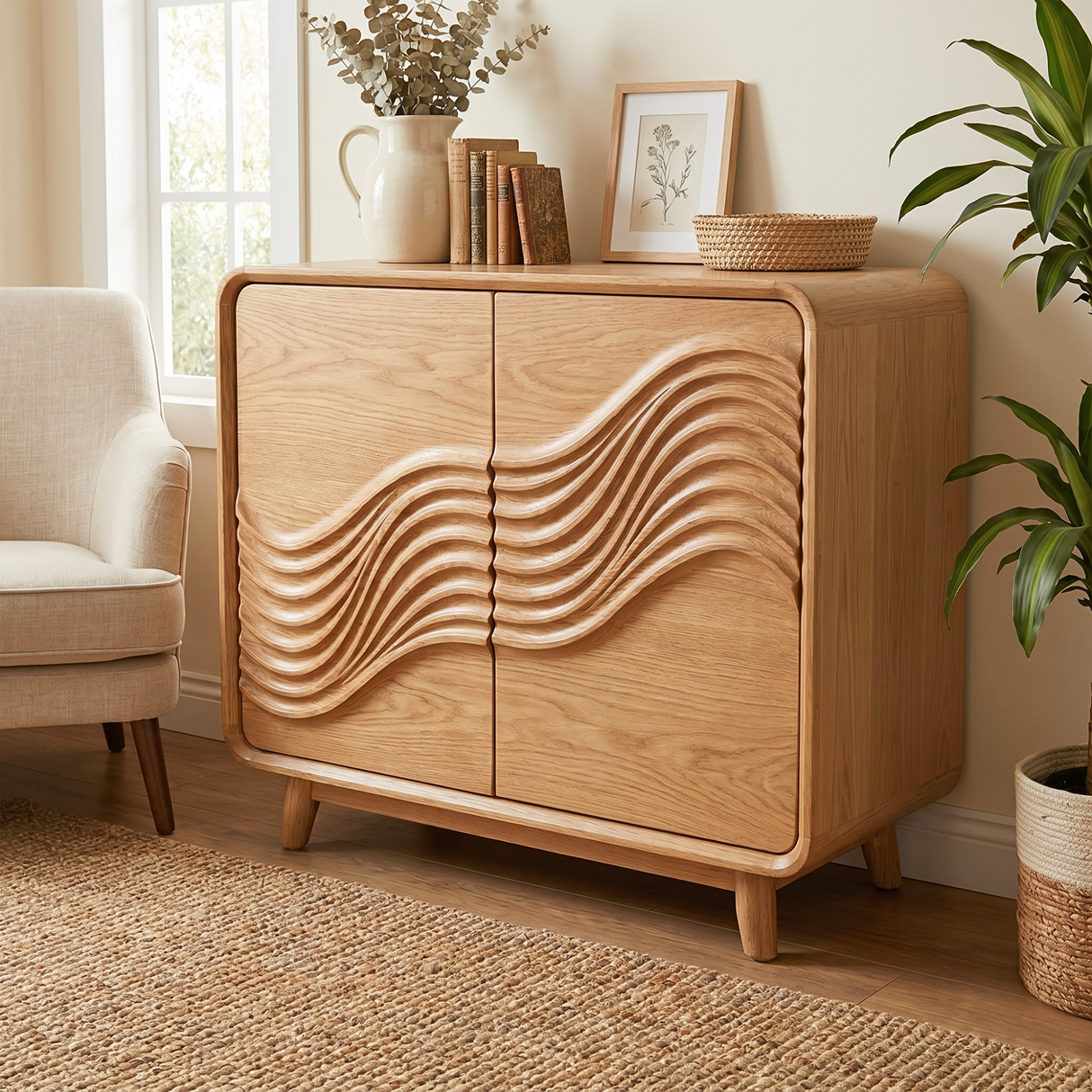 Handcrafted Solid Wood Sideboard with Sculpted Wave Doors