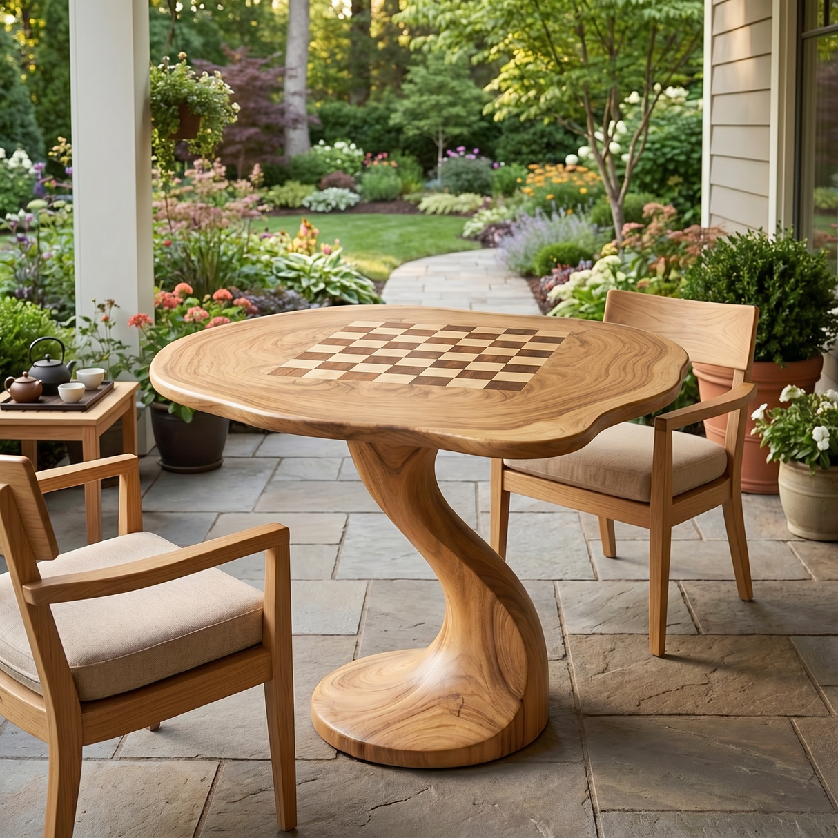 Handcrafted Solid Wood Chess Table with Organic Round Top and Curved Pedestal Base