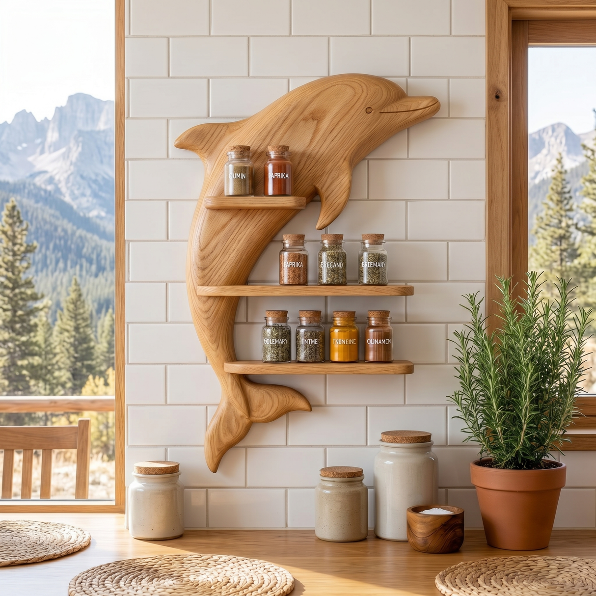 Solid Wood Dolphin Wall Spice Shelf with Three Tier Kitchen Storage