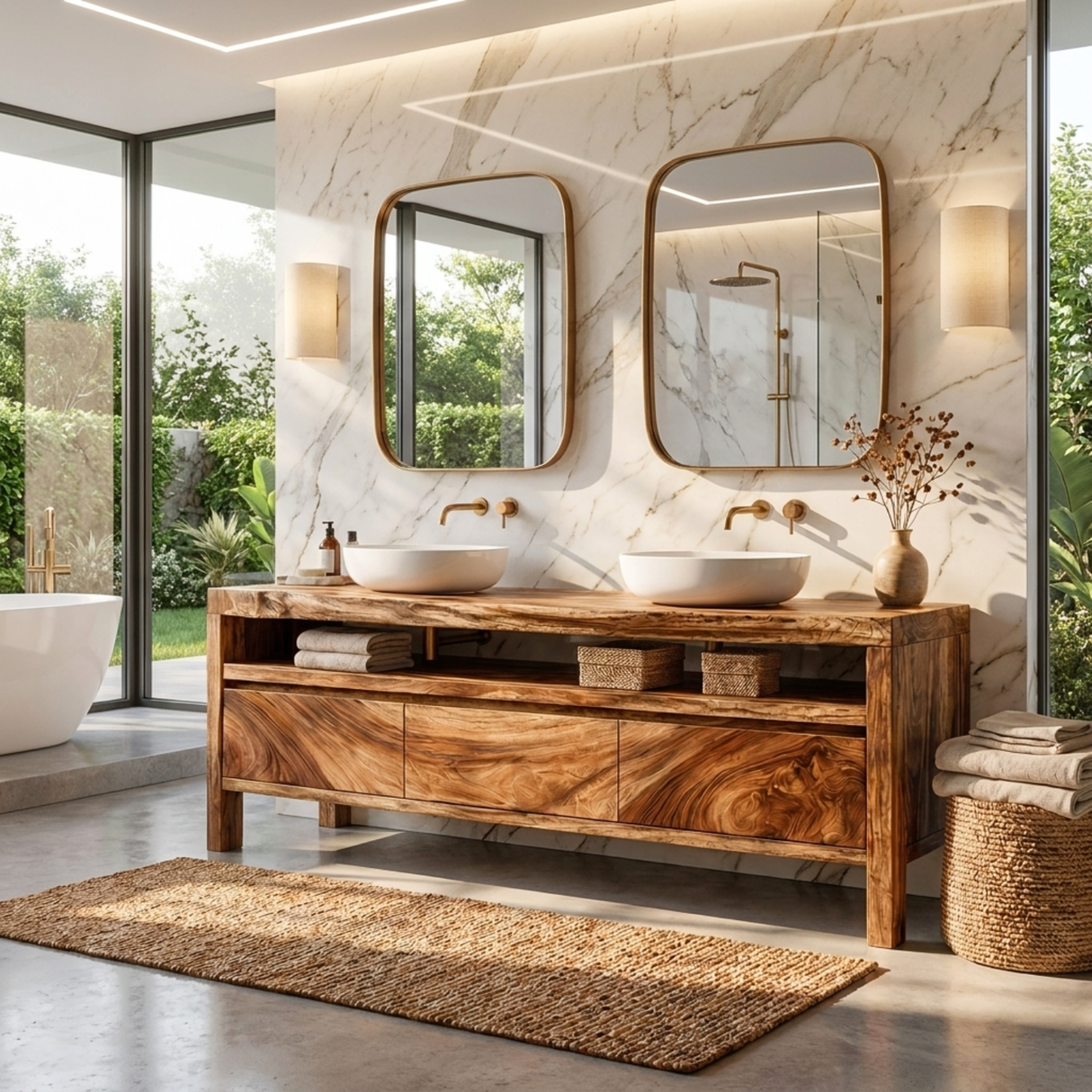 Bathroom Vanity Solid Wood with Double Sink and Open Shelf Storage for Lodge Bathroom