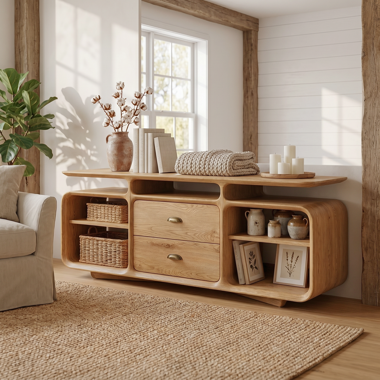 Solid Wood Low Sideboard Cabinet with Drawers and Open Storage Shelves