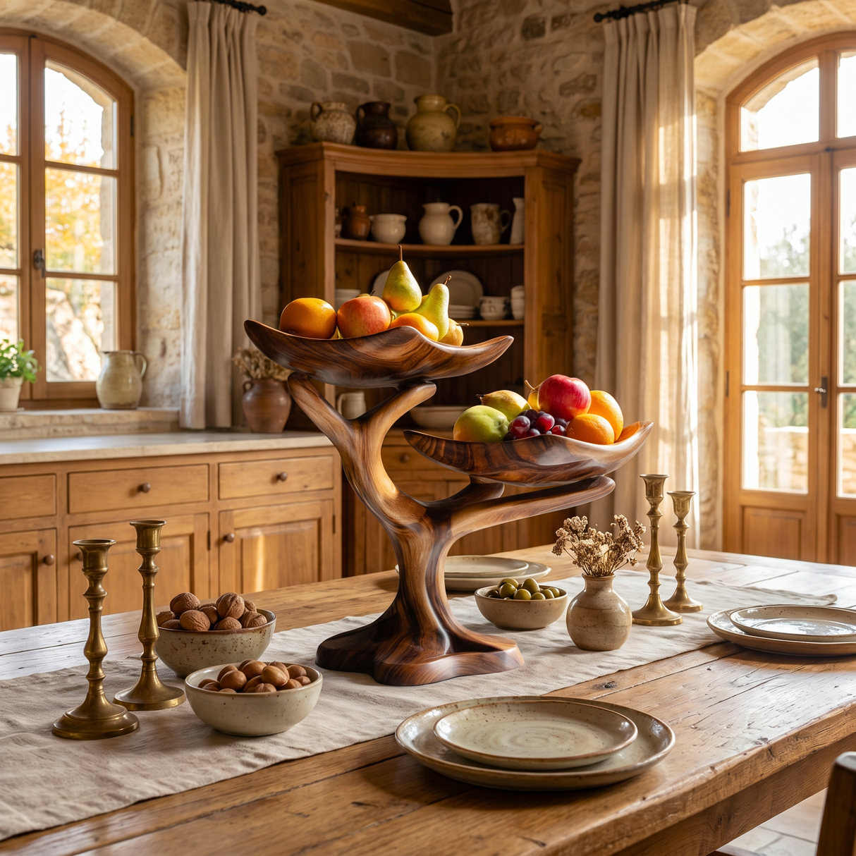 Handmade Wave Edge Solid Wood Fruit Bowl with Two-Tier Sculptural Stand