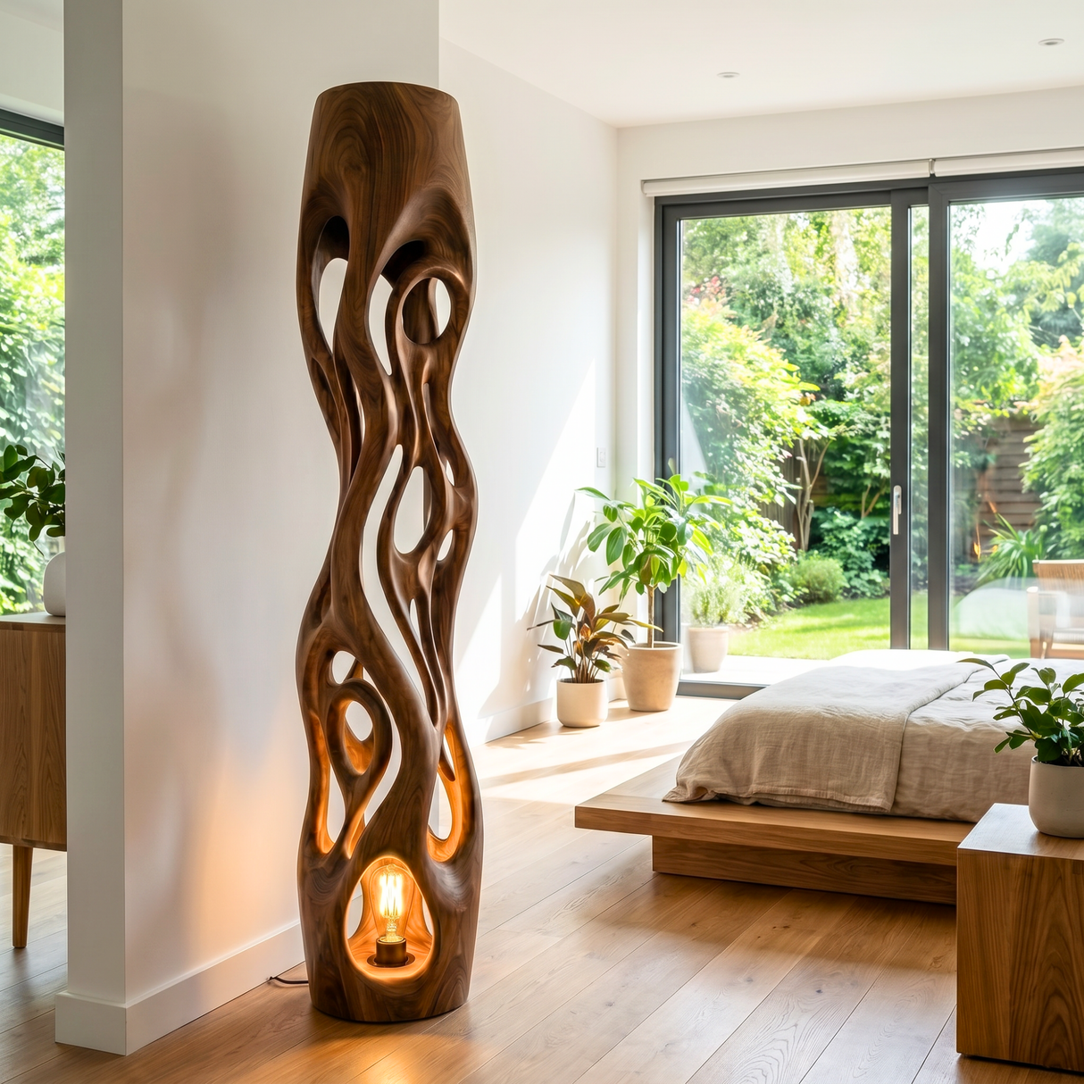 Handcrafted Solid Wood Floor Lamp with Organic Hollow Carved Body