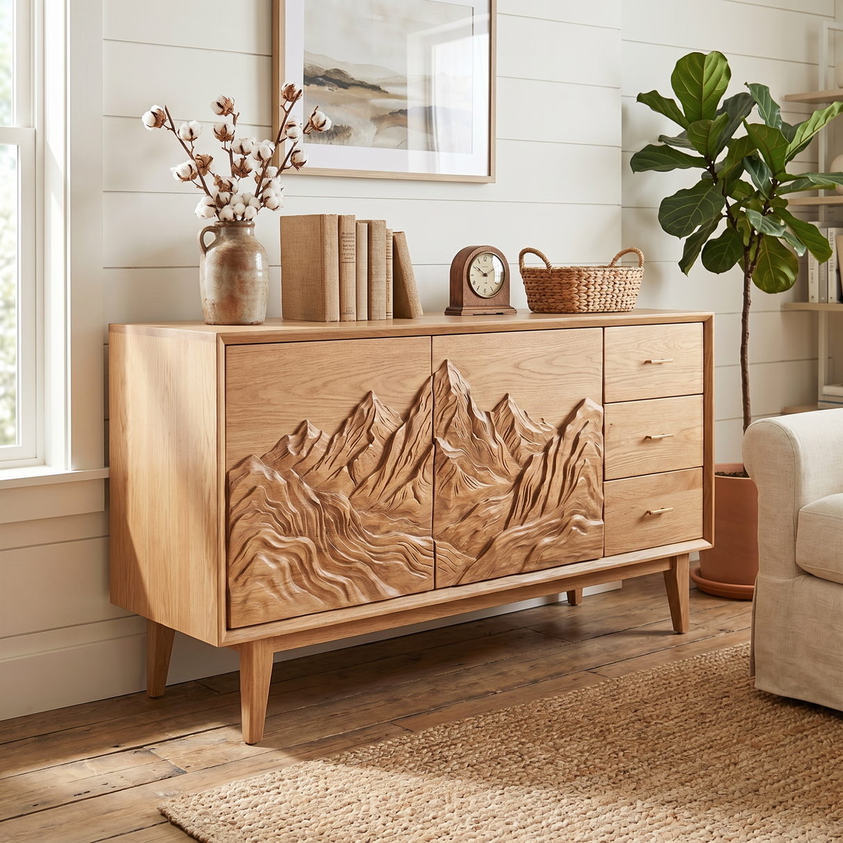 Handcrafted Solid Wood Mountain Carved Sideboard with Drawers and Cabinet Storage