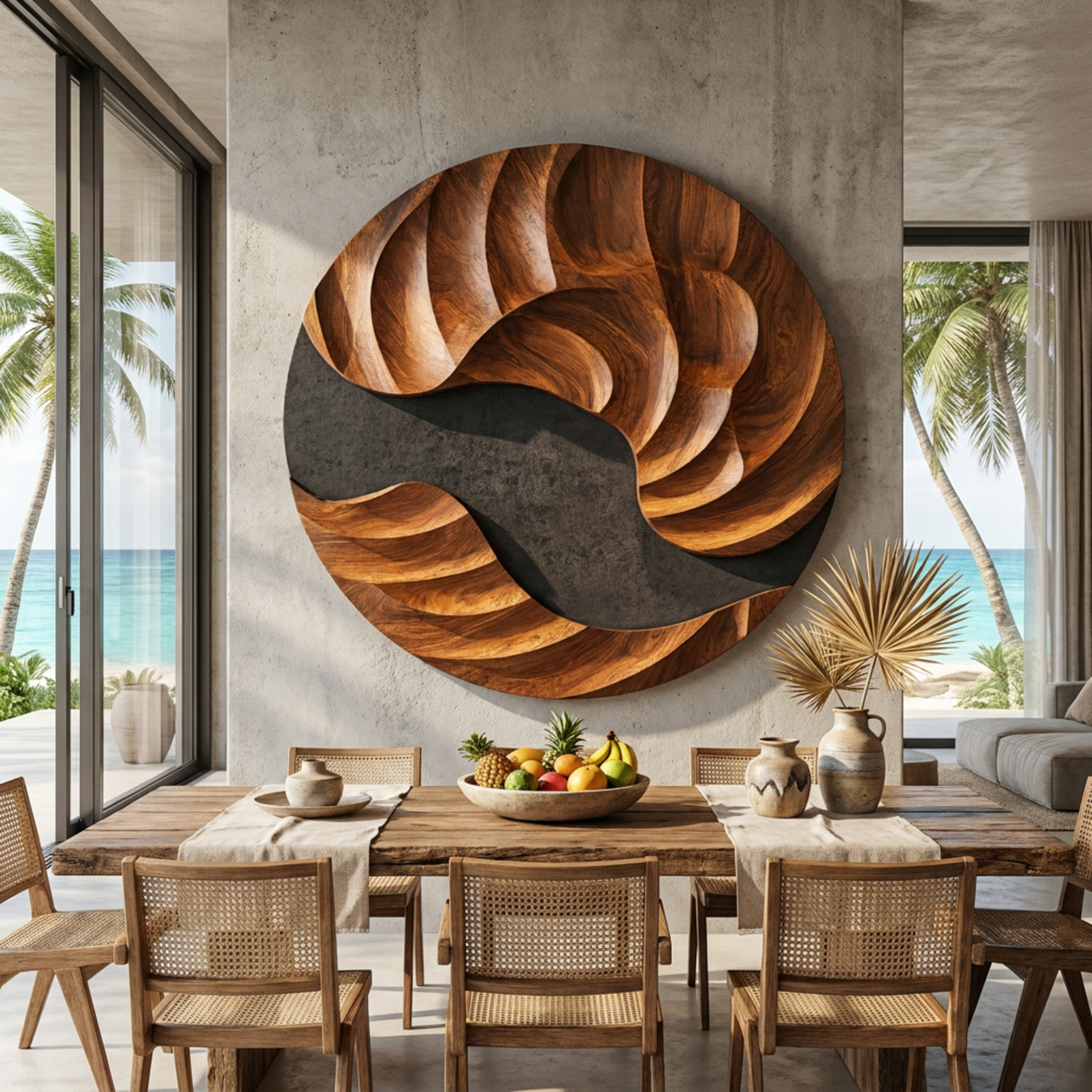 Solid Wood Abstract Wall Art with Swirling Cutout and Layered Carved Grain