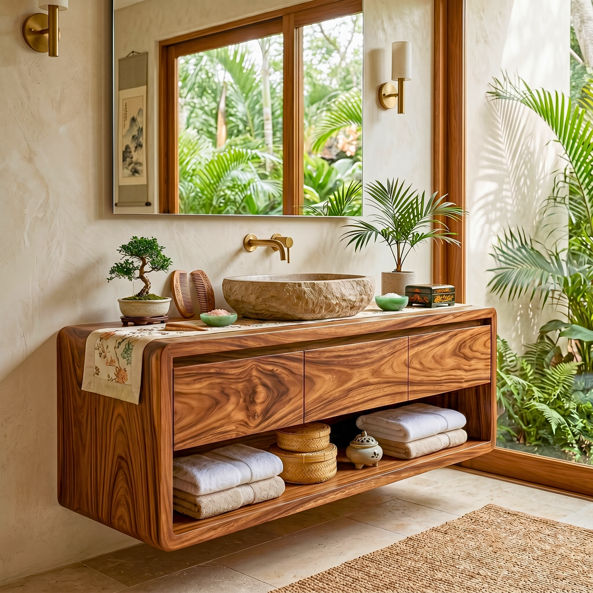 Floating Solid Wood Bathroom Cabinet Vanity with Rounded Modern Form
