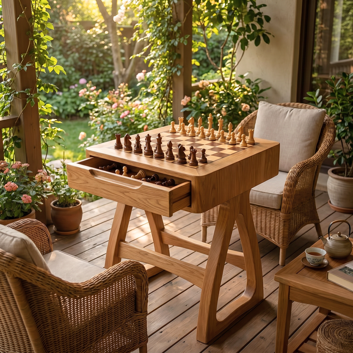 Handcrafted Solid Wood Chess Table with Storage Drawer and Sculptural Base