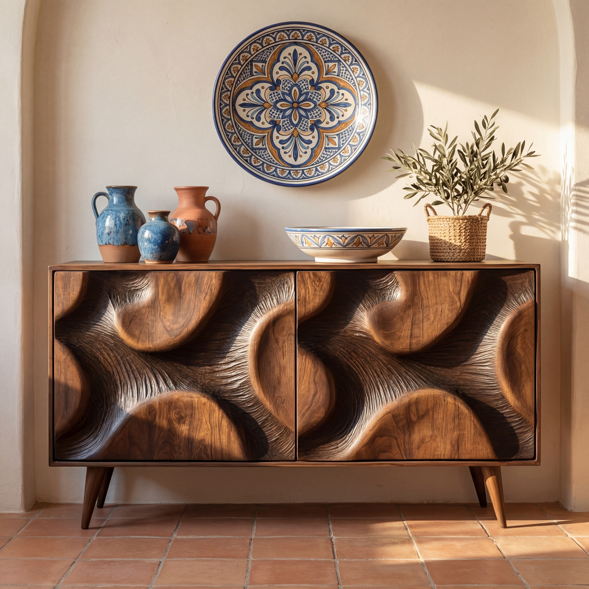 Sculpted Relief Solid Wood Sideboard Cabinet for Living and Dining