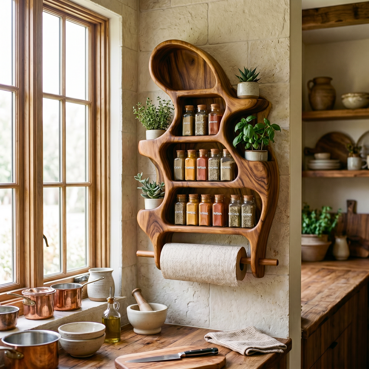Organic Solid Wood Wall Spice Organizer with Plant Shelves and Towel Roll Holder