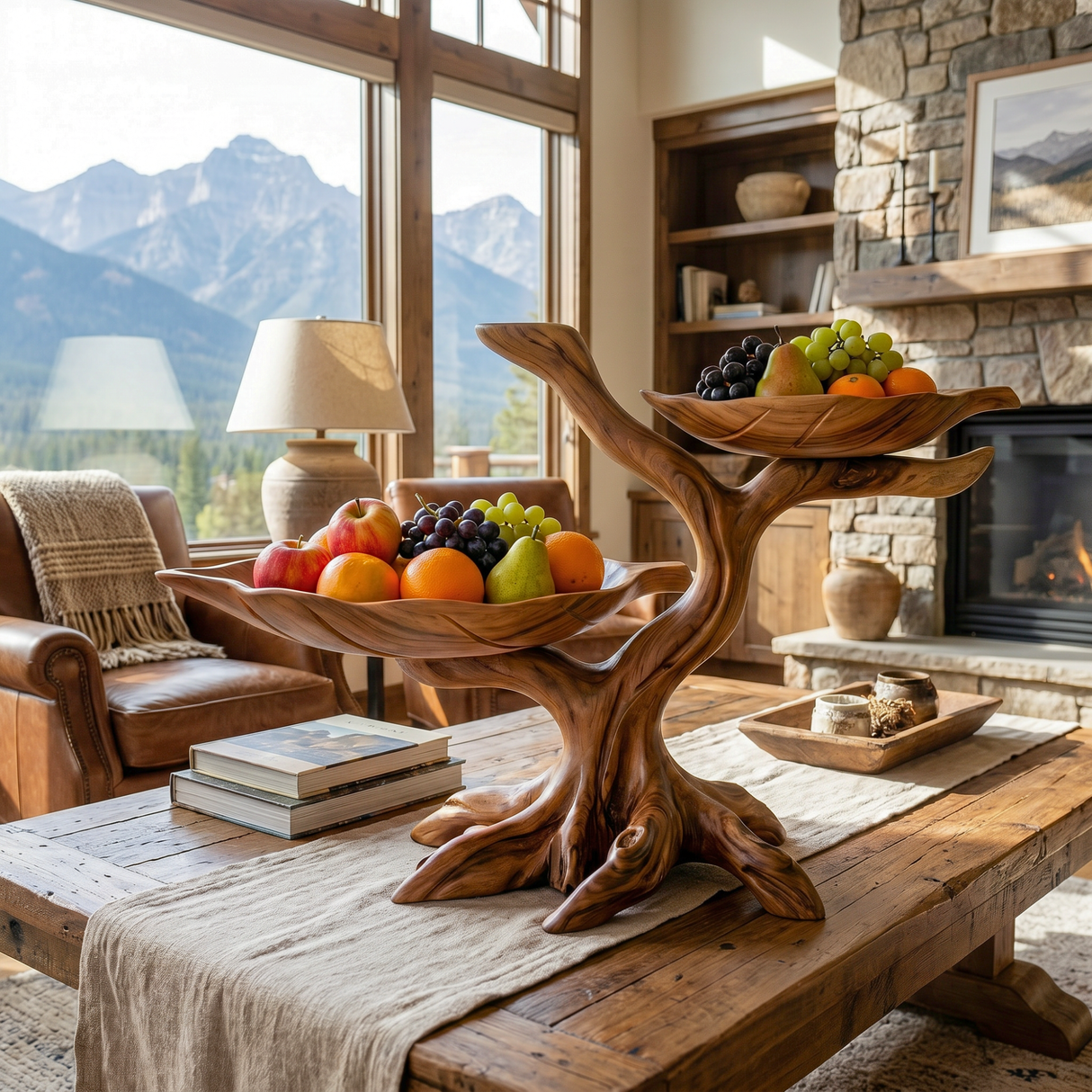 Solid Wood Two-Level Fruit Bowl Centerpiece with Organic Branch Sculpture Base