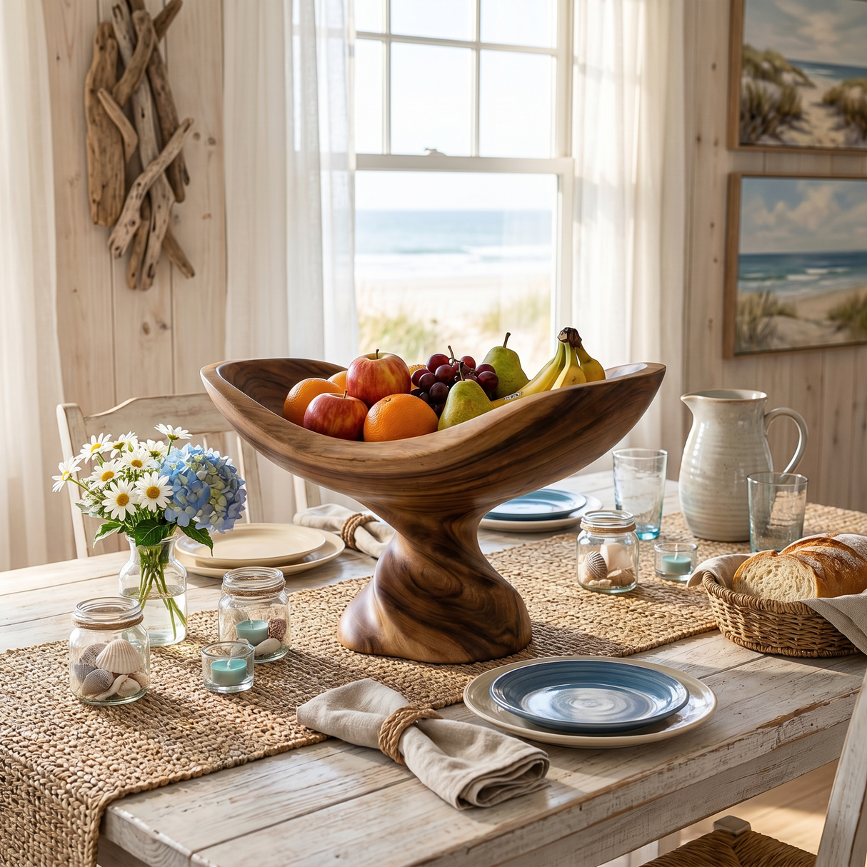 Solid Wood Floating Cradle Fruit Bowl with Twisted Sculptural Pedestal
