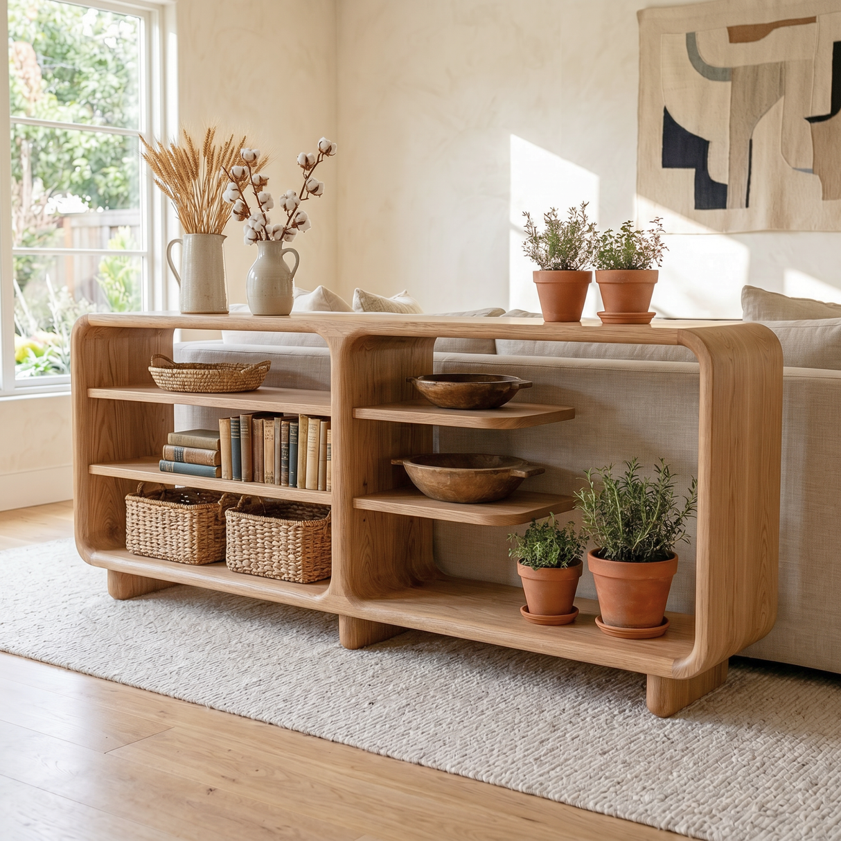 Solid Wood Rounded Console Sideboard with Open Display Shelves