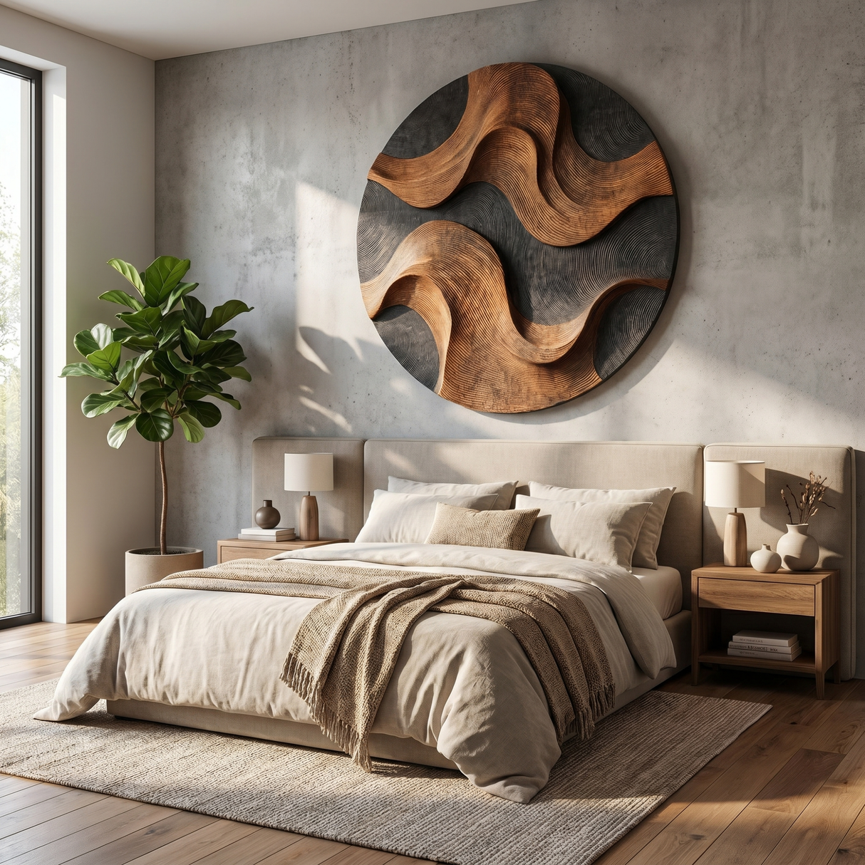 Handcrafted Wood Wall Sculpture with Woven Wave Relief and Charcoal Contrast