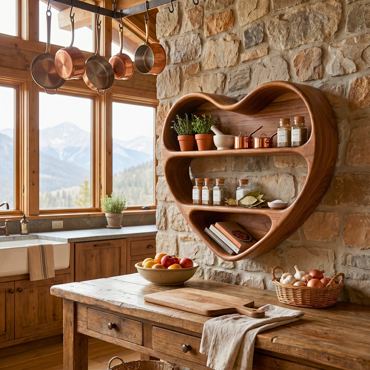 Handcrafted Heart-Shaped Wood Wall Spice Rack with Sculptural Three-Tier Shelves