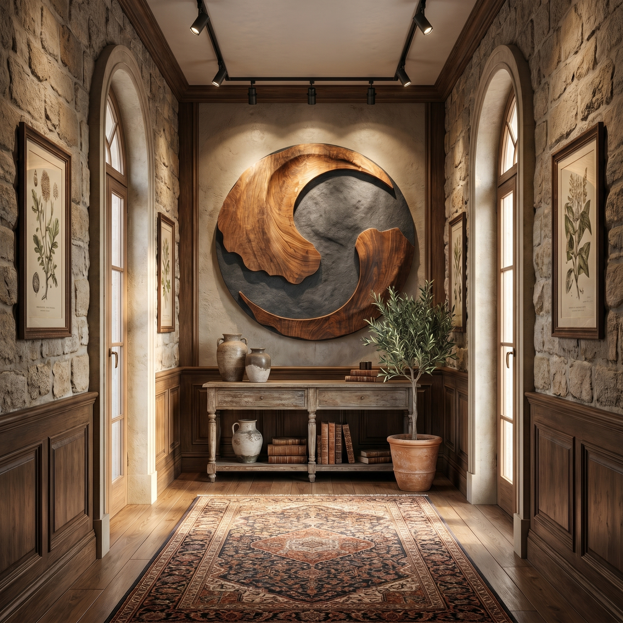 Organic Solid Wood Wall Sculpture with Crescent Cutout and Flowing Grain Relief