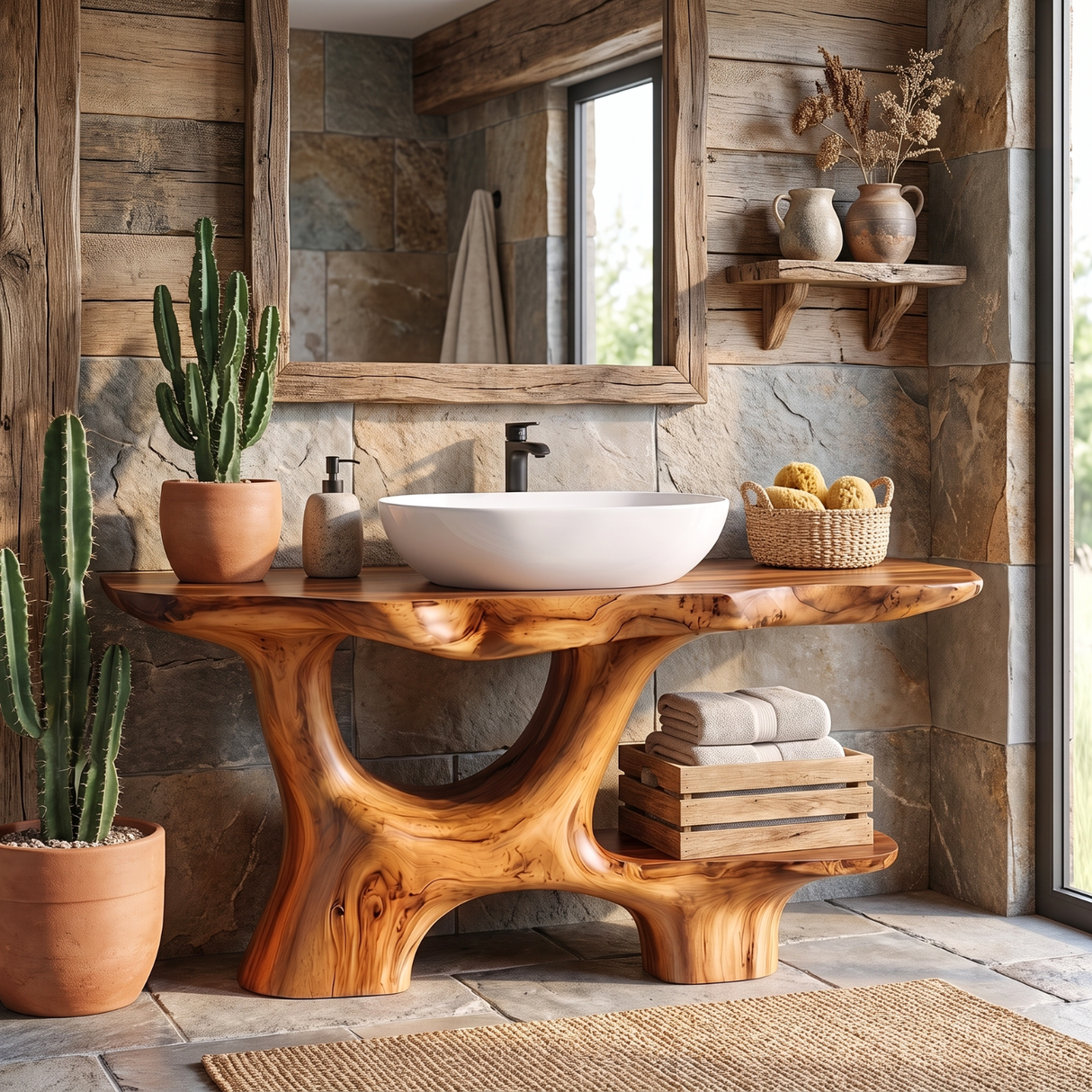 Bathroom Vanity Solid Wood with Open Arch Base and Side Shelf for Cabin Bathroom