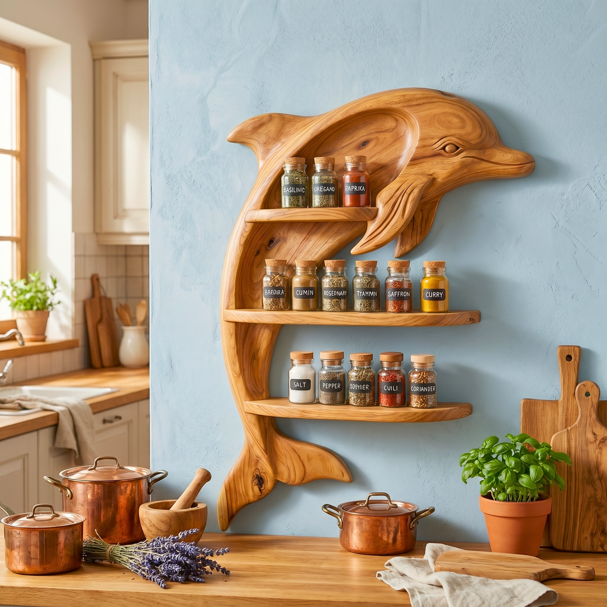 Handcrafted Dolphin Spice Rack with Three-Tier Solid Wood Wall Shelf Design