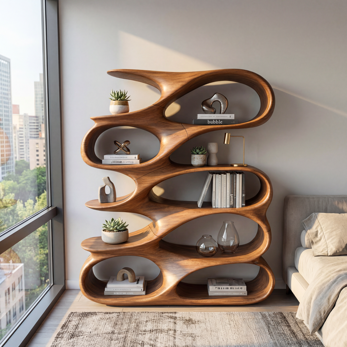Abstract Loop Wood Display Shelf with Flowing Open Compartments