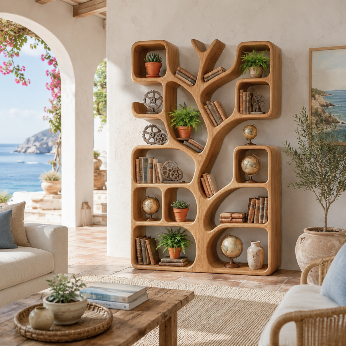 Handcrafted Solid Wood Tree Bookshelf with Organic Open Display Shelves