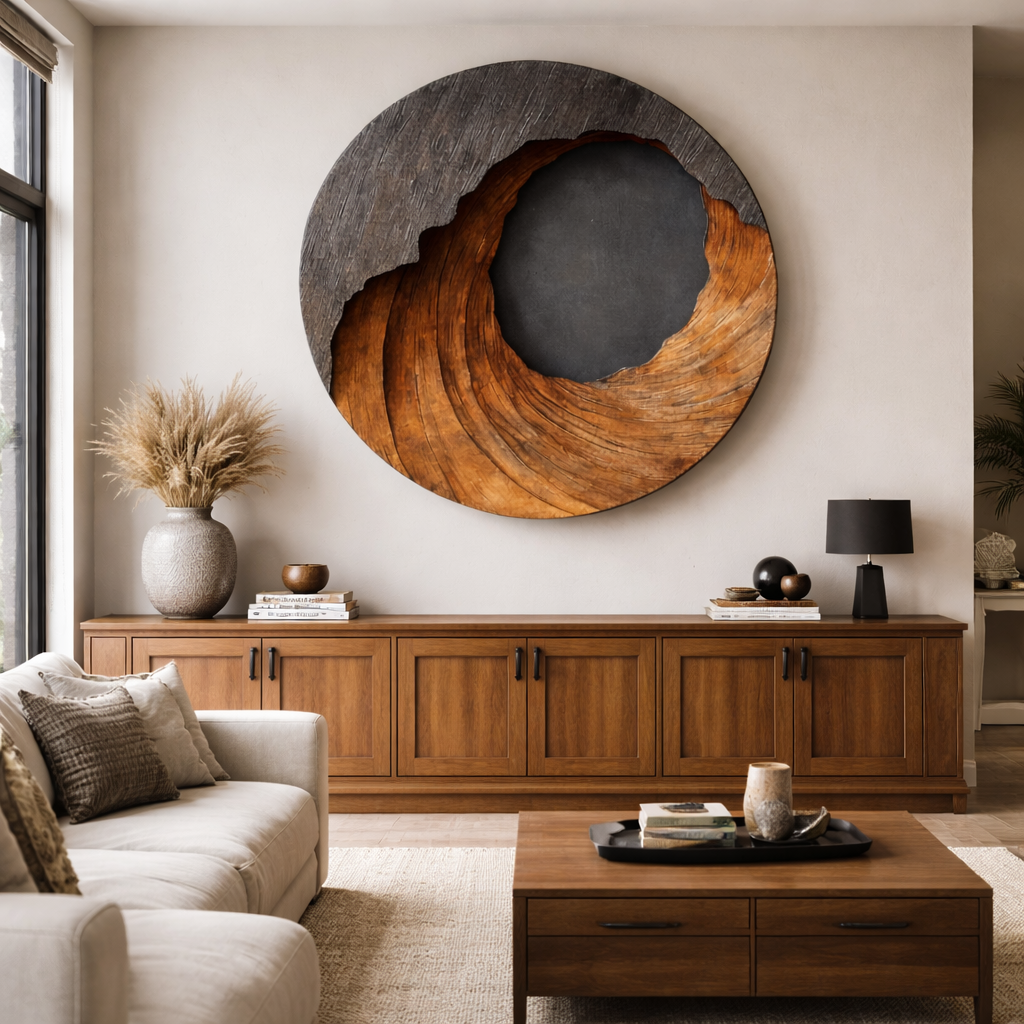 Large Round Solid Wood Wall Sculpture Modern Organic Statement Wall Art for Living Room