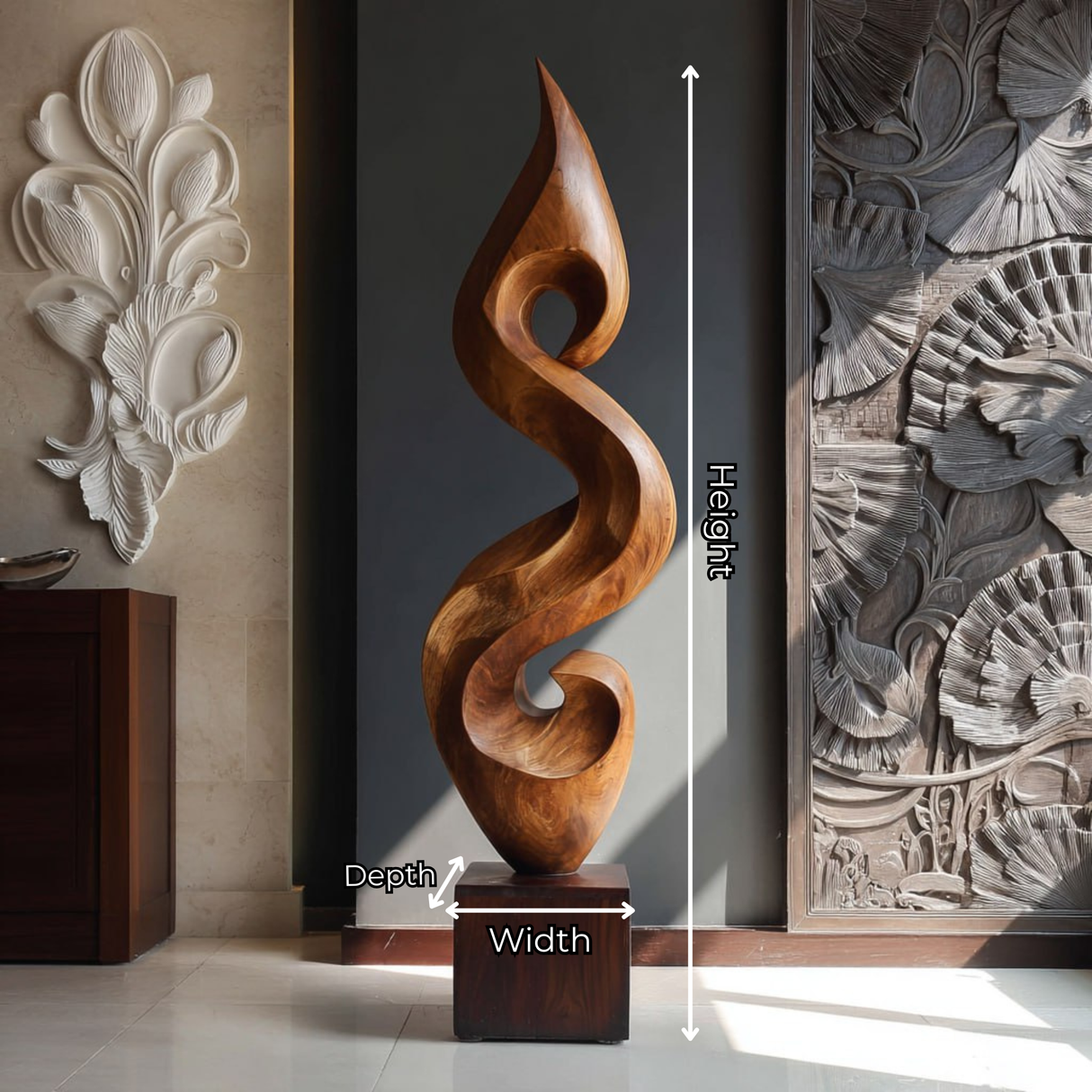 Hand-Carved Organic Flame-Form Solid Wood Sculpture for Modern Interior Spaces