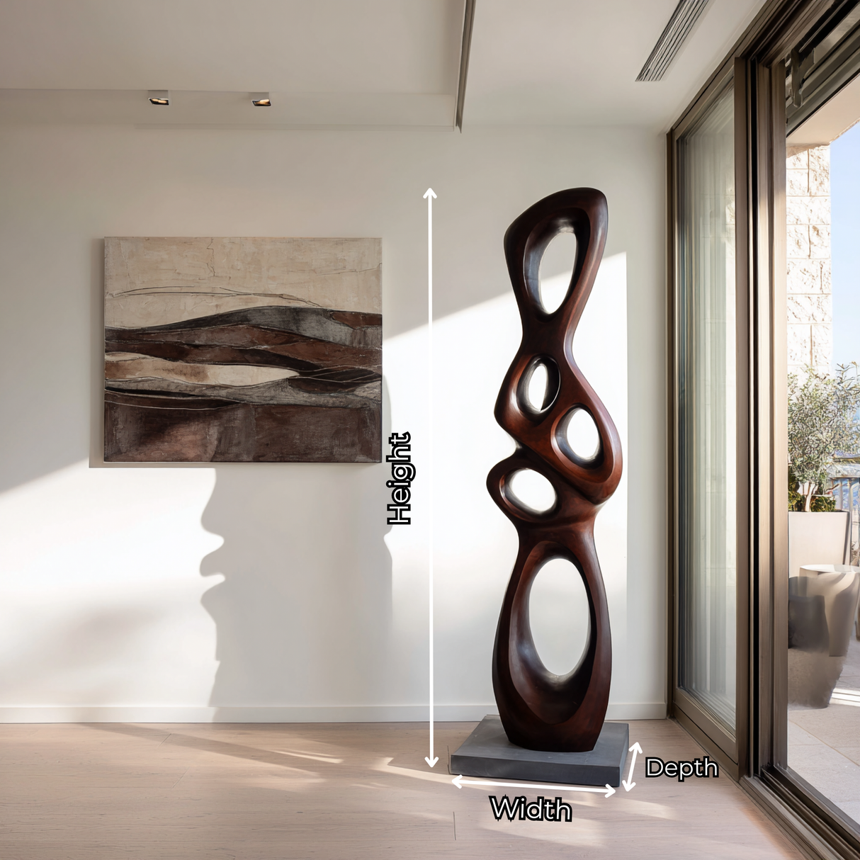 Tall Abstract Solid Wood Sculpture for Modern Living Room Interiors