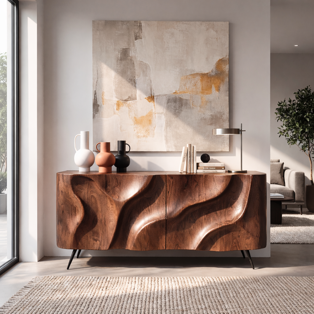Sculpted Wavefront Solid Wood Credenza for Modern Living and Dining Rooms