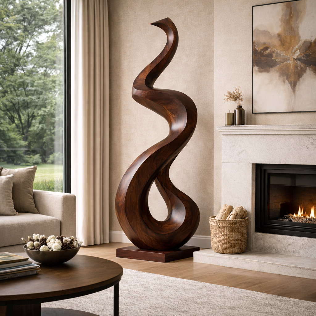 Hand-Carved Abstract Solid Wood Sculpture for Modern Home Interiors