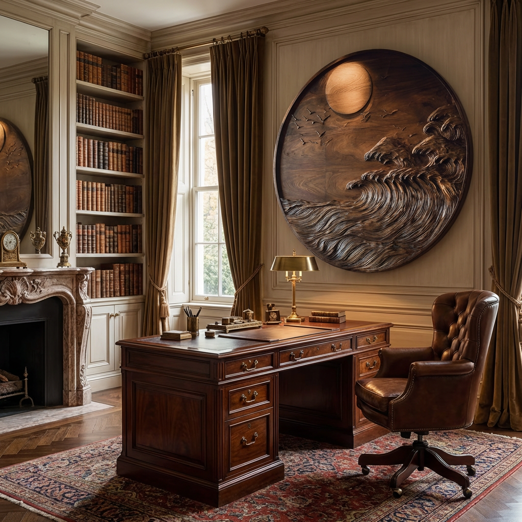 Handcrafted Solid Wood Wall Sculpture with Ocean Wave Relief and Circular Moon Design