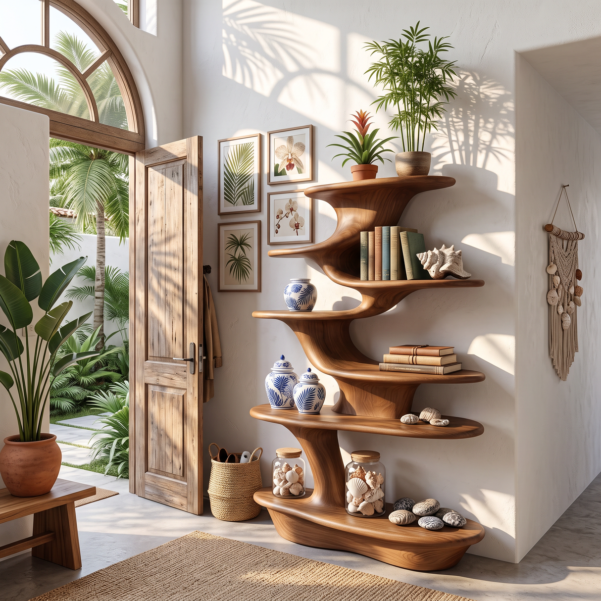 Cascade Form Wood Display Shelf with Sculpted Tiered Platforms