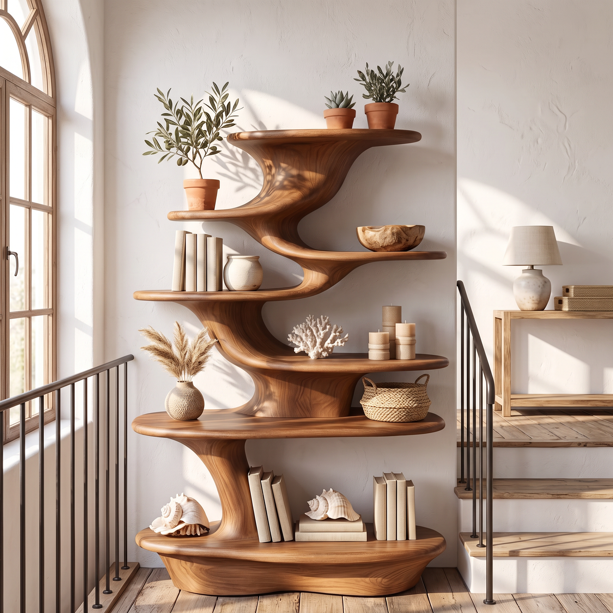 Cascade Form Wood Display Shelf with Sculpted Tiered Platforms