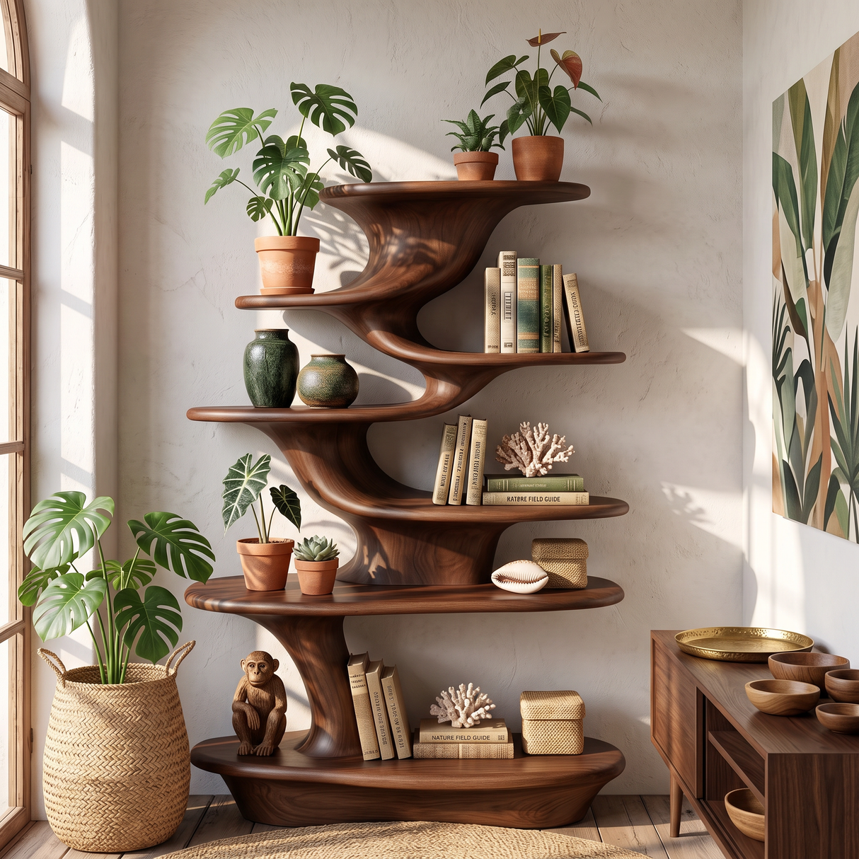Cascade Form Wood Display Shelf with Sculpted Tiered Platforms
