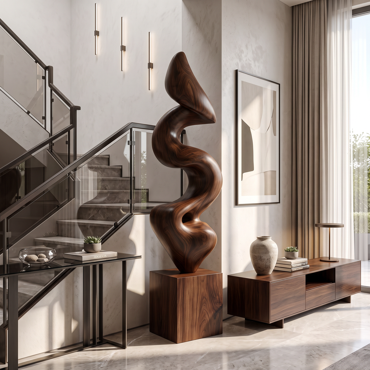 Handcrafted Solid Wood Floor Sculpture with Flowing Vertical Ribbon Form