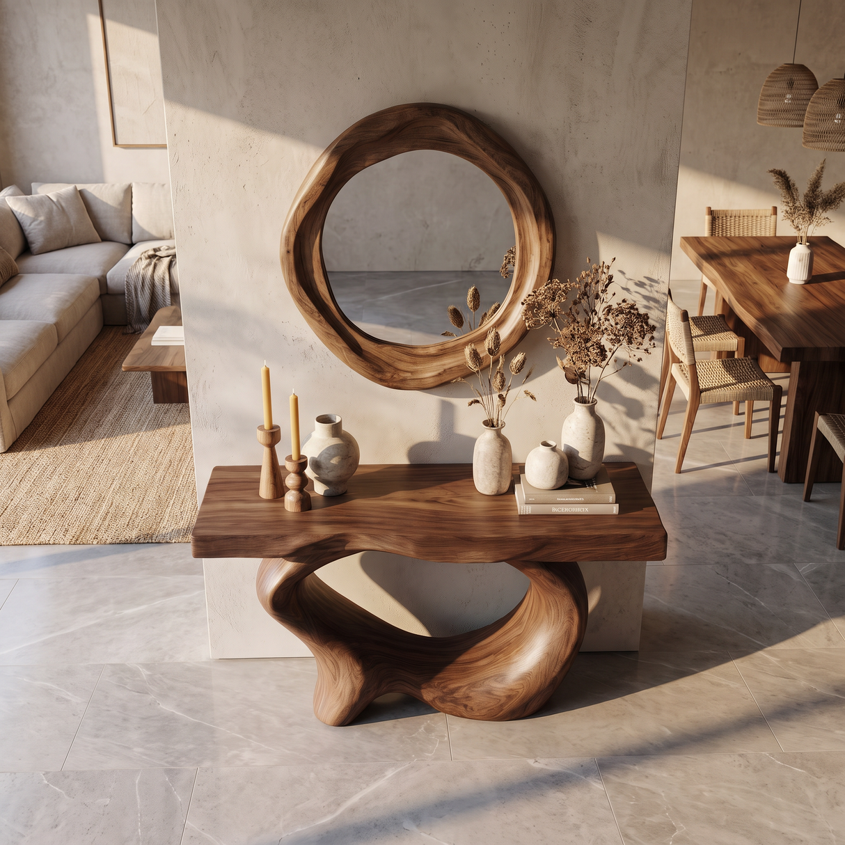 Console Table Solid Wood with Sculptural Oval Loop Base